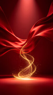 Elegant red silk and swirling golden glitter light trail vertical composition perfect for mobile holiday wallpaper and Christmas social media stories ads.