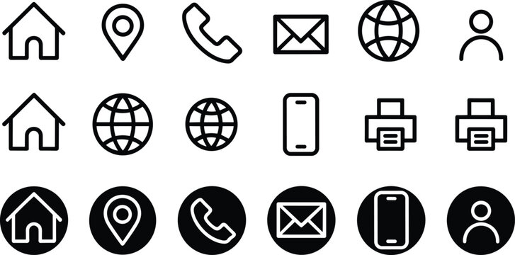 Contact line icons set communication home location phone email globe user mobile printer interface vector design collection pack