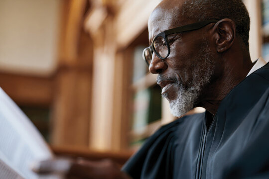 A dignified elder judge reviews legal documents in a classic courtroom, highlighting authority, wisdom, and the essence of justice being served in a formal environment.