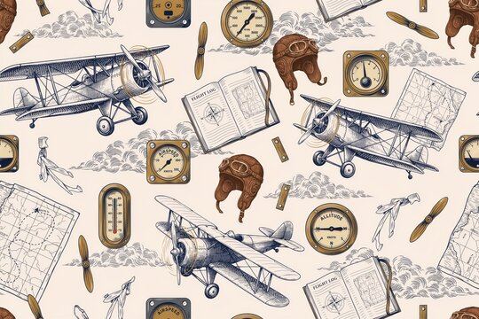 Vintage aviation pattern with biplanes, flight logs, leather pilot helmets, compasses, maps, and propellers on a light beige background