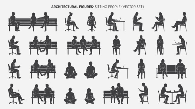 Set of vector silhouettes of people sitting in various poses on chairs, benches, and floors, isolated on white background flat vector editable file