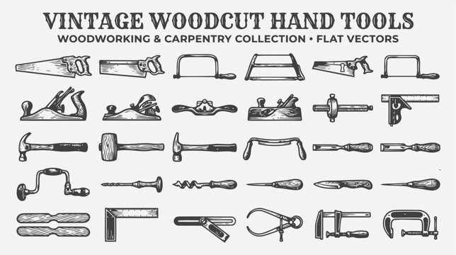 Vintage woodcut hand tools collection, woodworking and carpentry equipment, vector illustration set flat vector editable file