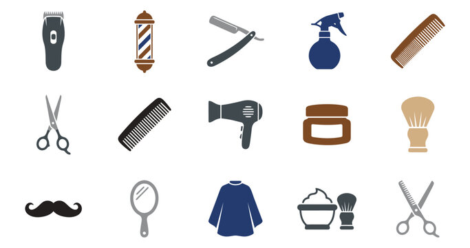Collection of grooming and hair cutting tools including clippers combs scissors hairdryers shaving brushes razors barber pole spray bottle and mustache for personal care and salon services
