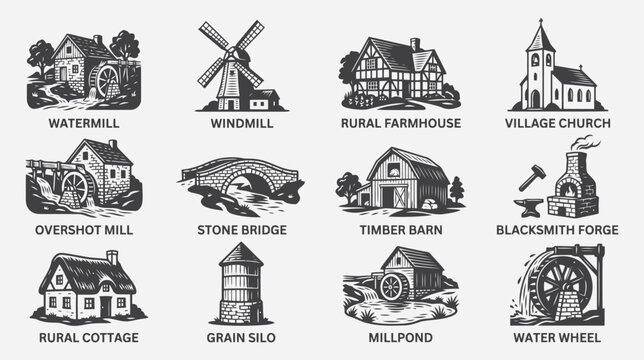 Set of rural buildings and structures, including watermill, windmill, farmhouse, church, bridge, barn, forge, cottage, silo, and millpond flat vector editable file