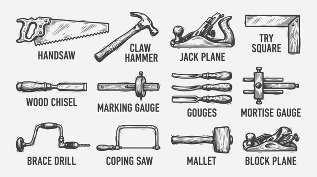 Set of vintage woodworking tools, handdrawn illustration isolated on white background flat vector editable file