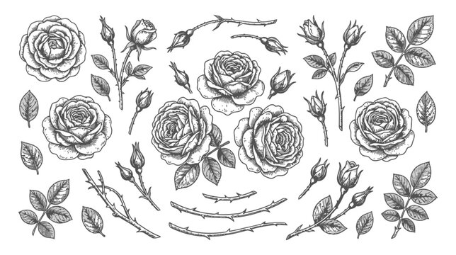 Set of hand drawn roses, rose buds, leaves and stems isolated on white background flat vector editable file