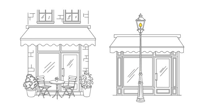 Hand-drawn linear sketch of a charming street cafe facade with tables, chairs, a flower pot, and an old street lamp.