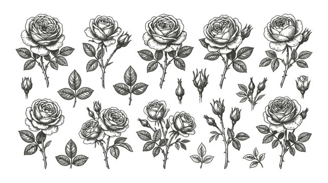 Set of hand drawn roses, buds and leaves isolated on white background flat vector editable file
