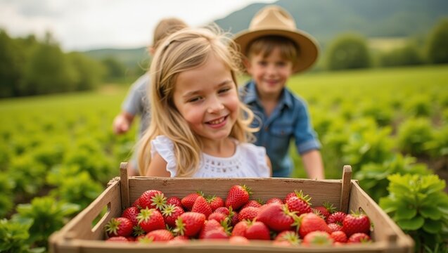 Happy children holding freshly picked strawberries in sunny berry field with their mother in background. Family harvest, healthy organic food, joyful childhood, summer countryside lifestyle