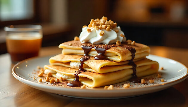 Stack of golden pancakes with whipped cream and caramel drizzle. Fluffy breakfast dessert topped with nuts and syrup on white plate.