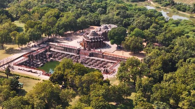 Aerial Drone View of Modhera Sun Temple, Historic Stepwell and Temple Complex in Gujarat, India