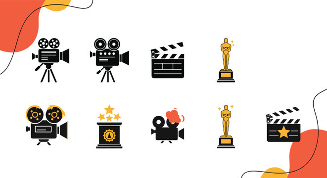 Set of flat cinema and movie industry icons containing film camera, clapperboard, movie reel, and golden oscar award.