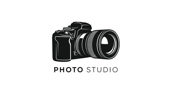 Vintage style black and white vector illustration of a digital SLR camera with custom photo studio text underneath.
