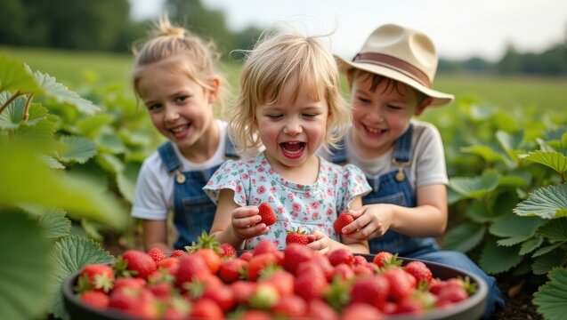 Happy children holding freshly picked strawberries in sunny berry field with their mother in background. Family harvest, healthy organic food, joyful childhood, summer countryside lifestyle