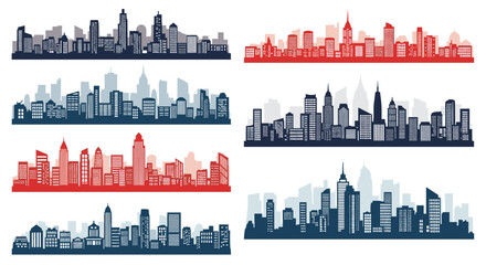 Naklejka premium Collection of six detailed city skyline silhouettes in various modern red, blue, and grey color combinations.