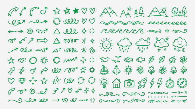 Hand drawn doodle elements set, arrows, stars, hearts, nature icons, decorative dividers and shapes isolated on white background flat vector editable file
