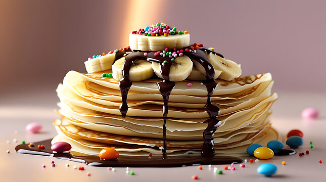 Stack of fluffy pancakes with chocolate syrup and colorful sprinkles. Delicious breakfast dessert topped with sweet drizzle and candy toppings.