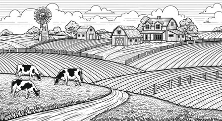 Fototapeta premium Countryside farm landscape sketch with grazing cows, windmill, traditional barns, and beautiful rolling fields.
