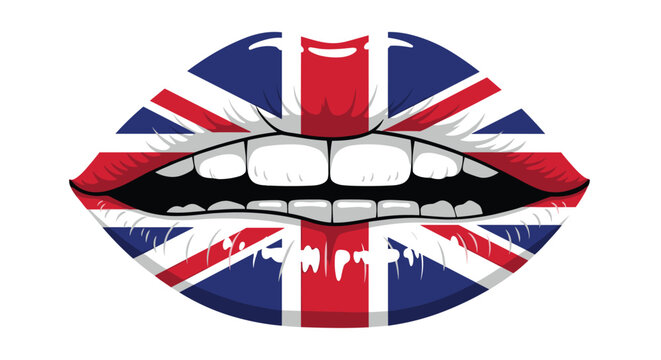 Sexy female lips painted with the British Union Jack flag biting the lower lip isolated on a white background.