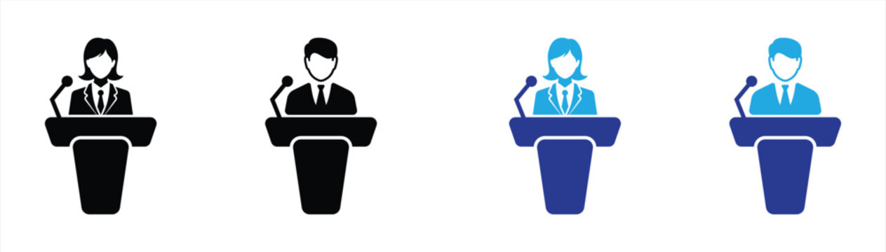 Business Speaker and Public Speaking Podium Icons Set Featuring Male and Female Conference Presentation Speech Debate Seminar and Political Podium Vector Collection