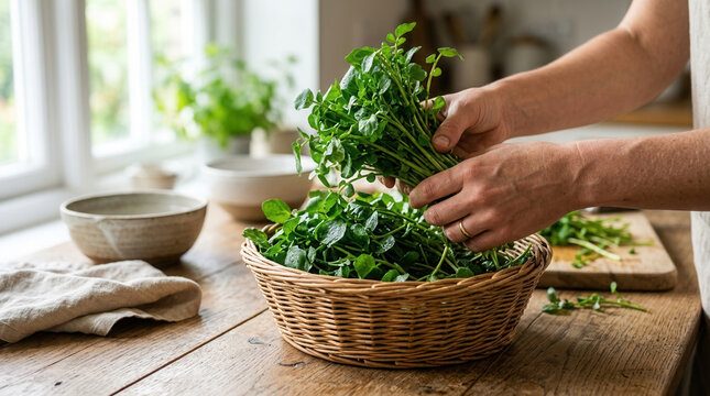 Hands Holding Fresh Watercress Prepared For Cooking On Kitchen Counter