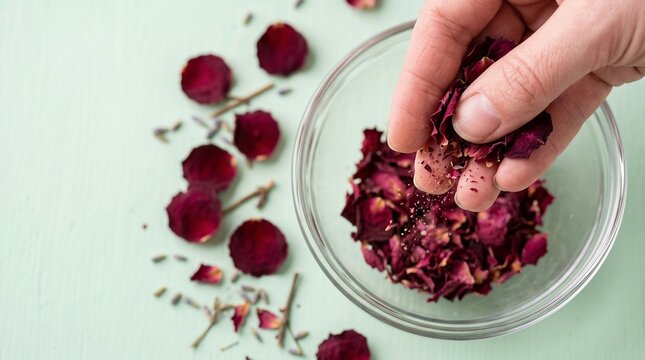 Dried rose petals being poured by hand into glass bowl on mint green background, organic cosmetics formulation concept