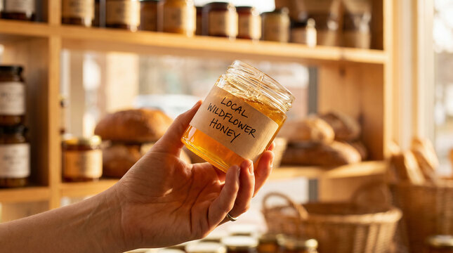 Honey jar held by hand with local wildflower label in cozy market shop, organic food and sustainable shopping concept.
