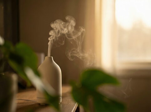Essential oil diffuser emitting mist on wooden table with green leaves, cozy sunlit room background, aromatherapy and wellness concept