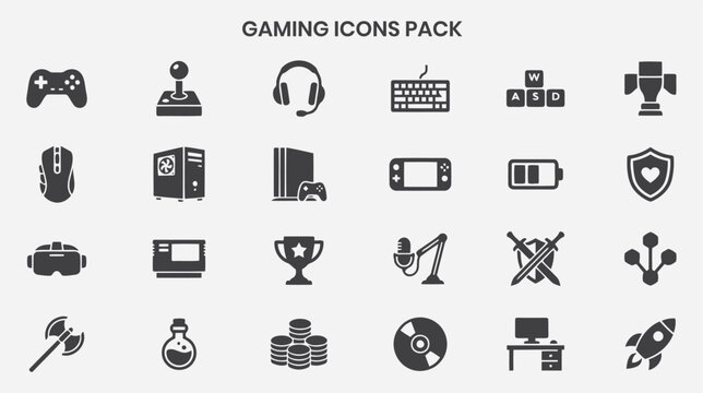 Gaming icons pack, collection of vector game elements for ui design, esports, streaming, and digital entertainment flat vector editable file