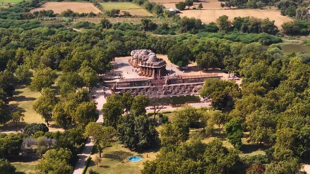 Aerial Drone View of Modhera Sun Temple, Historic Stepwell and Temple Complex in Gujarat, India
