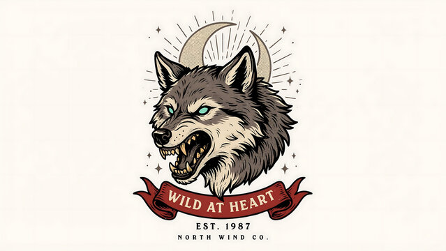 Snarling wolf head emblem with a crescent moon and ribbon banner isolated on a transparent background