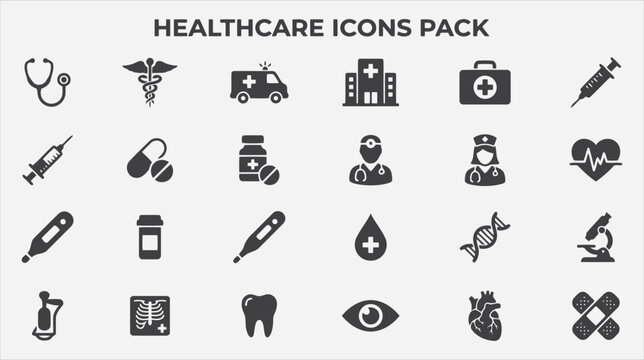 Set of healthcare and medical icons, including doctor, nurse, hospital, medicine, heart, and diagnostic equipment isolated on white background flat vector editable file