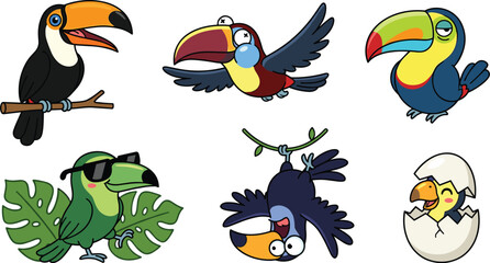 Fototapeta premium Cute Toucan Character Collection Set with Colorful Tropical Birds, Exotic Wildlife Animals and Cartoon Jungle Vector Illustration