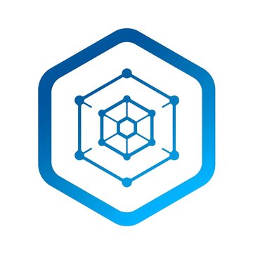 Modern blue hexagon tech logo icon. Great for blockchain, network data, IT consulting, software development, cryptocurrency, and digital security brands.