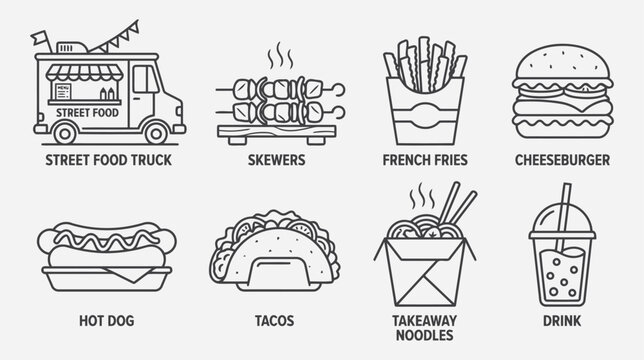 Set of street food icons, including food truck, skewers, french fries, cheeseburger, hot dog, tacos, takeaway noodles and drink flat vector editable file