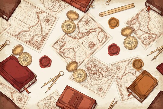 Vintage map background, with old leather, bound books, brass, compasses, wax seals, and drafting tools, for navigation and exploration