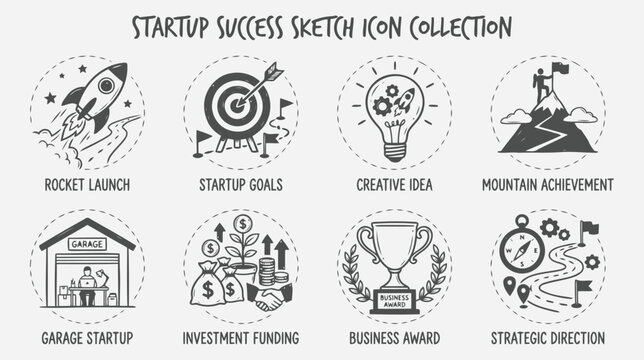 Startup success sketch icon collection, business development and growth, vector illustration isolated on white background flat vector editable file