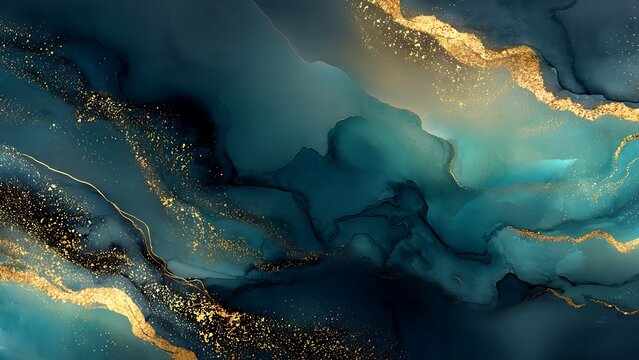 Abstract teal and gold alcohol ink fluid art background with glittering metallic veining texture patterns with swirling abstract composition