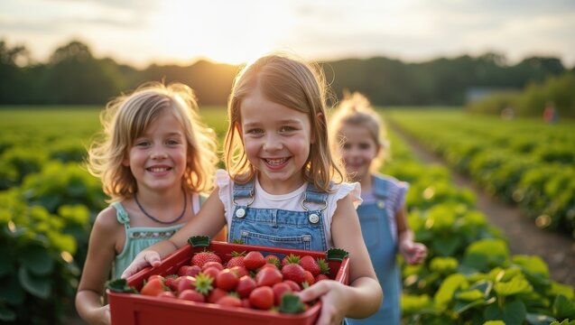 Happy children holding freshly picked strawberries in sunny berry field with their mother in background. Family harvest, healthy organic food, joyful childhood, summer countryside lifestyle