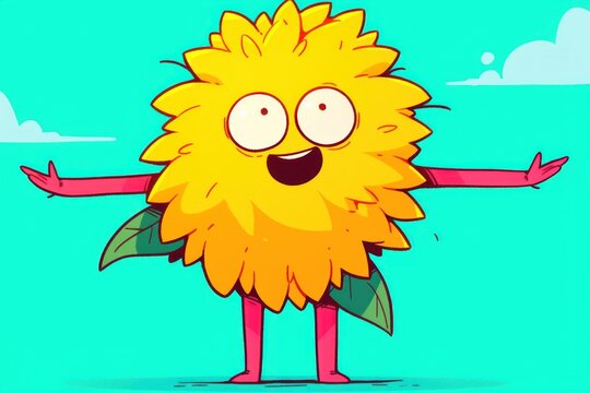 Happy dandelion cartoon embracing, teal background, kids content