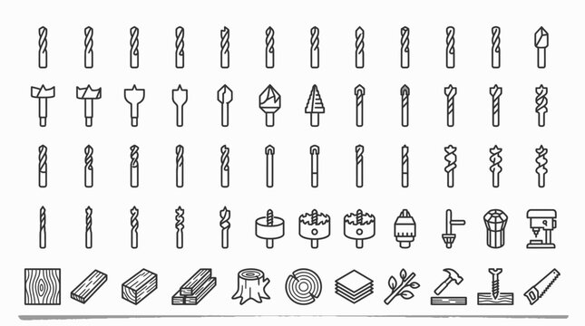 Diverse Drill Bits Collection Vector Icons Set - Woodworking Tools and Materials