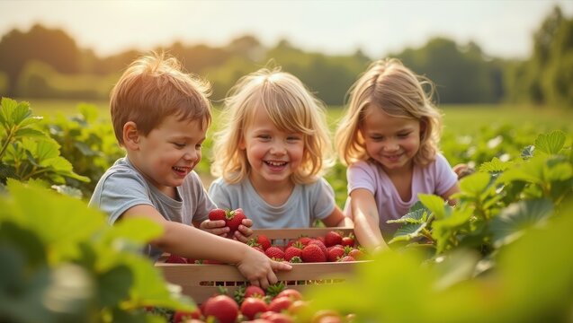 Happy children holding freshly picked strawberries in sunny berry field with their mother in background. Family harvest, healthy organic food, joyful childhood, summer countryside lifestyle