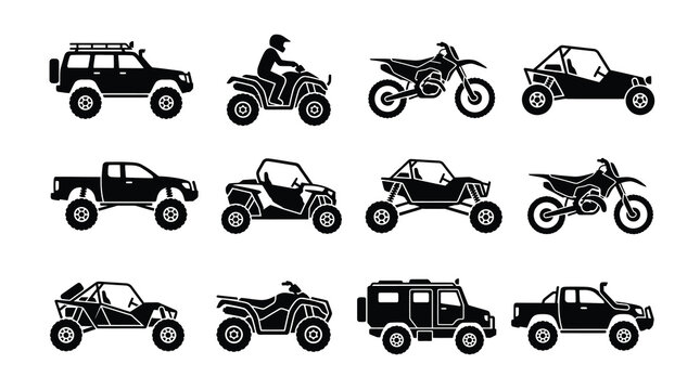 Off Road Adventure Vehicle Silhouette Icon Set. SUV, Pickup Truck, ATV, Dirt Bike, UTV Buggy and 4x4 Vector Collection