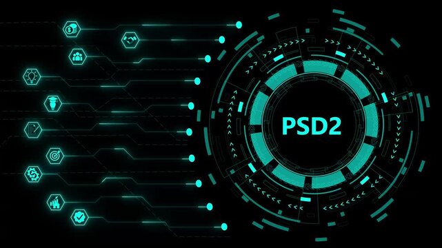 PSD2, Payment Services Directive 2. 4K video. on transparent background.