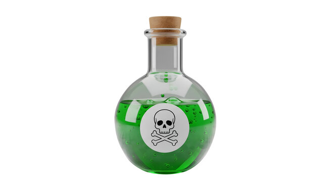 Glass flask with green poison liquid and skull warning label on white background