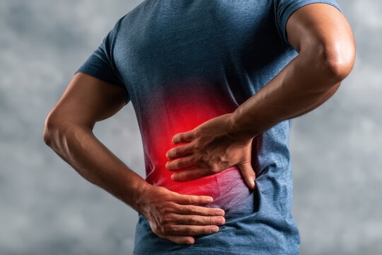 Back view man touches his lower back due to acute spine pain. Glowing red overlay sign joint inflammation lumboischialgia spinal hernia muscle spasm. Sedentary work fatigue symptom. Body health. NSAID