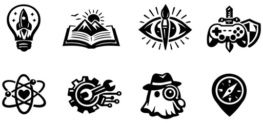 Fototapeta premium Creative Black and White Modern Icon Set – Unique Line Art Symbols Collection Isolated on Transparent Background