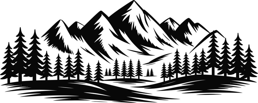 Mountain landscape icon featuring pine trees and black white vector illustration for nature, outdoor adventure, and wilderness design.