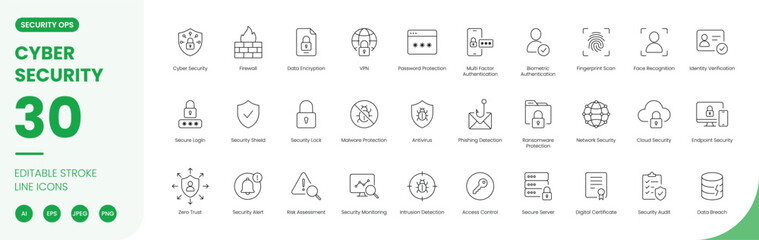 cyber security icon line style data protection editable stroke vector set © BIJOLI