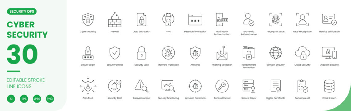 cyber security icon line style data protection editable stroke vector set
